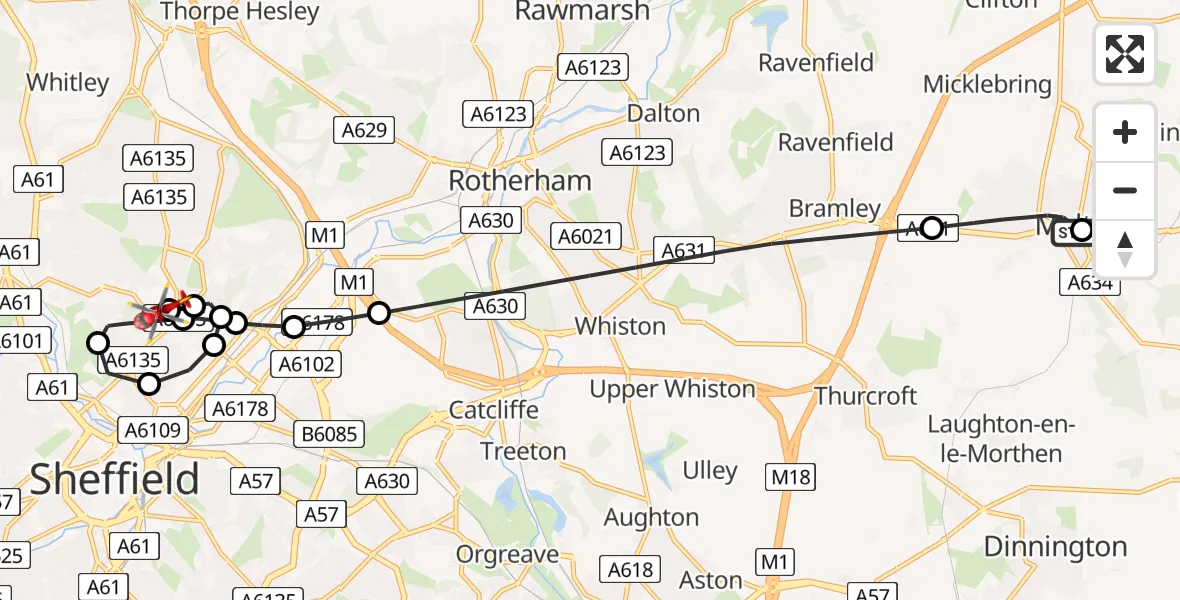 Flight route Air Ambulance Helicopter Maltby - Sheffield Northern Hospital, 12 June 2026, 14:18