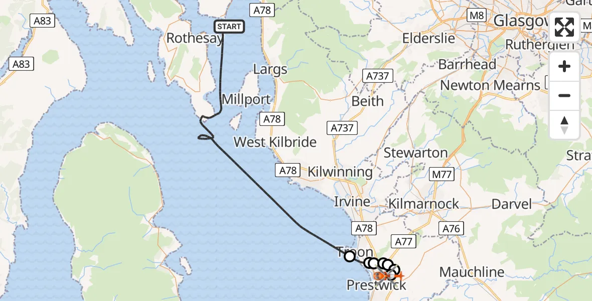 Flight route Coastguard Helicopter Inner Seas - Glasgow Prestwick Airport, 12 June 2026, 14:20