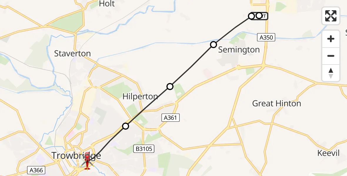 Flight route Air Ambulance Helicopter Wiltshire Air Ambulance - Trowbridge, 12 June 2026, 14:29