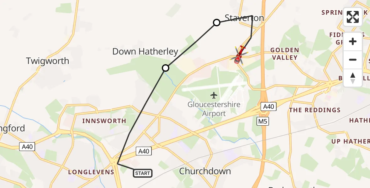 Flight route Air Ambulance Helicopter Tewkesbury - Tewkesbury, 12 June 2026, 14:32
