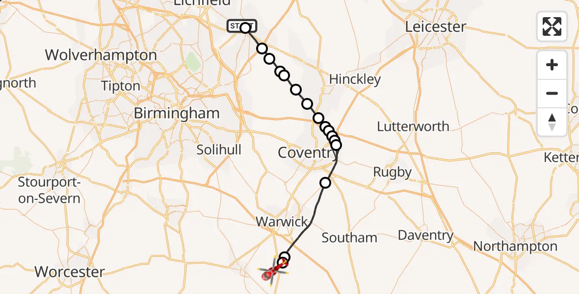 Flight route Air Ambulance Helicopter Tamworth - Wellesbourne, 12 June 2026, 14:36