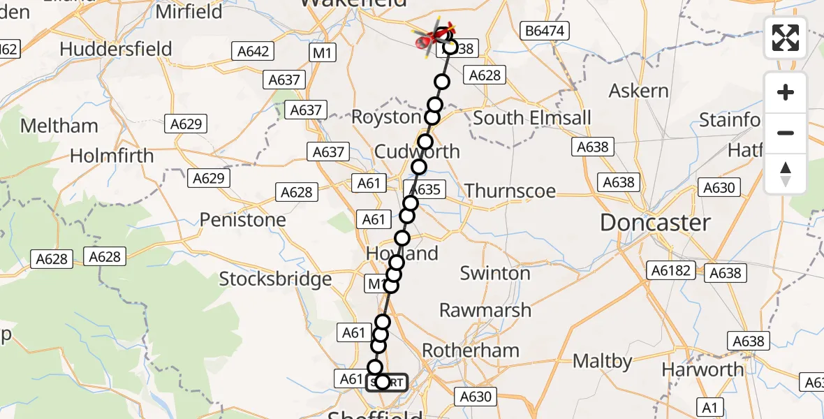 Flight route Air Ambulance Helicopter Sheffield Northern Hospital - YAA Nostell Helicopter Port, 12 June 2026, 14:57