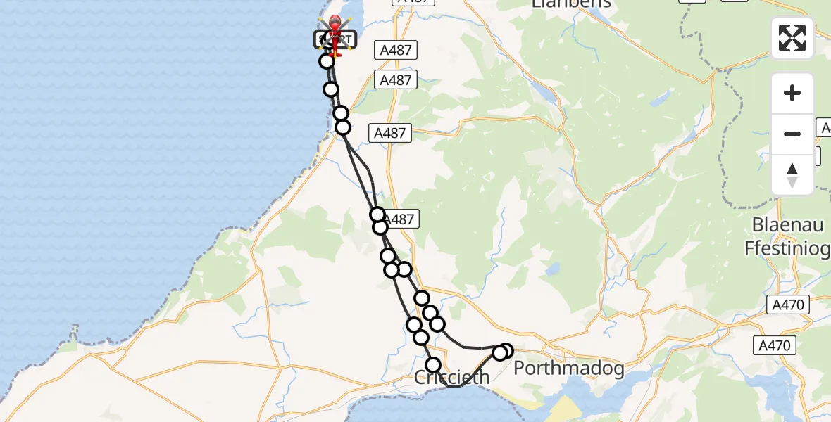 Flight route Air Ambulance Helicopter Caernarfon Airport - Caernarfon Airport, 12 June 2026, 14:57