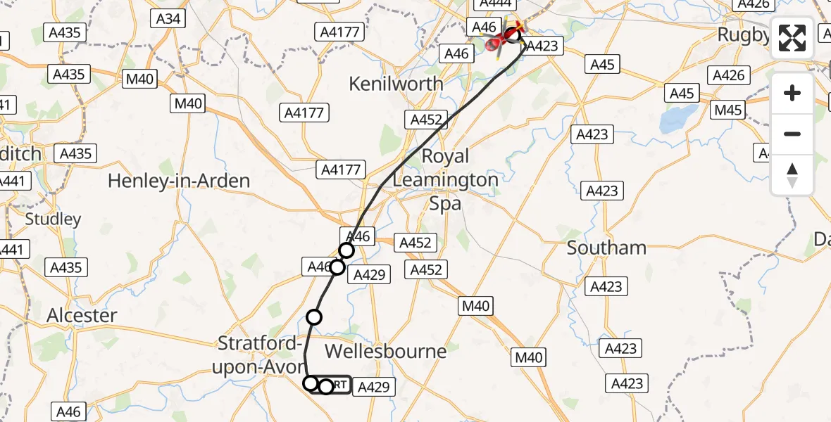 Flight route Air Ambulance Helicopter Wellesbourne - Coventry Airport, 12 June 2026, 15:04