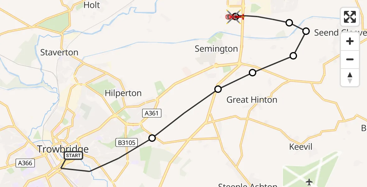 Flight route Air Ambulance Helicopter Trowbridge - Wiltshire Air Ambulance, 12 June 2026, 15:13