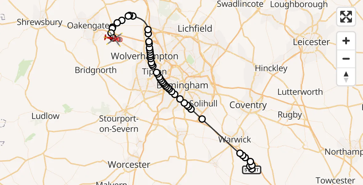Flight route Air Ambulance Helicopter Gaydon - Cosford, 12 June 2026, 15:26