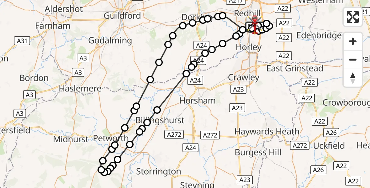 Flight route Air Ambulance Helicopter Redhill Aerodrome - Redhill Aerodrome, 12 June 2026, 15:29