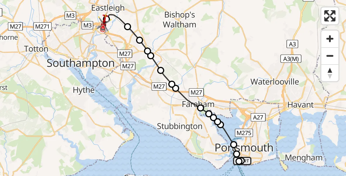 Flight route Air Ambulance Helicopter Southsea - Southampton Airport, 12 June 2026, 15:53