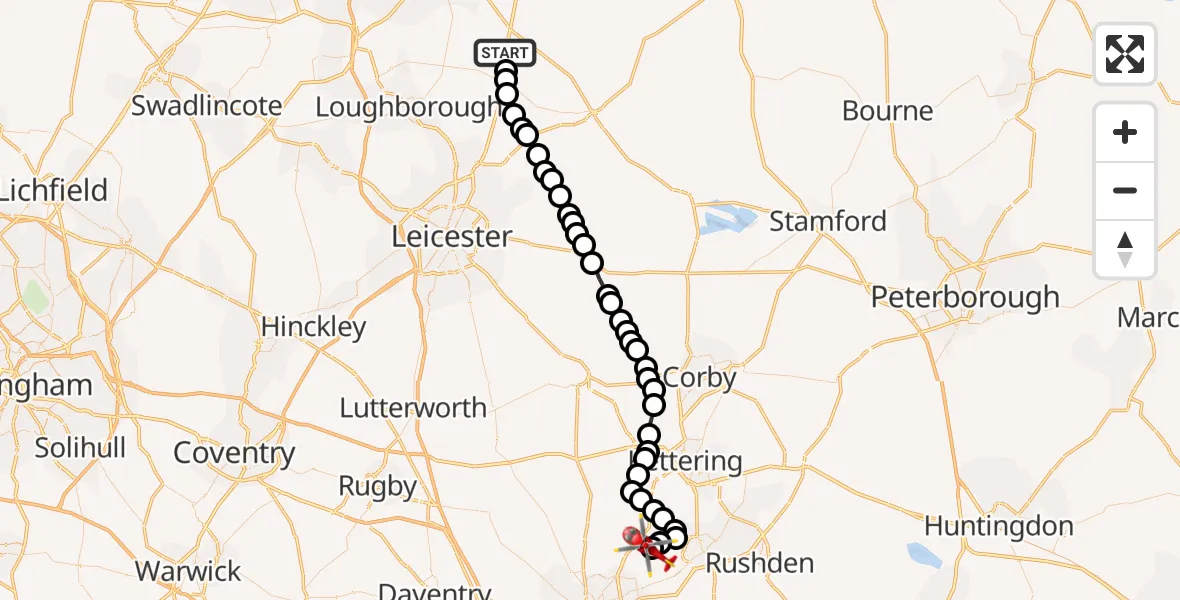 Flight route Air Ambulance Helicopter Willoughby on the Wolds - Sywell Aerodrome, 12 June 2026, 16:00