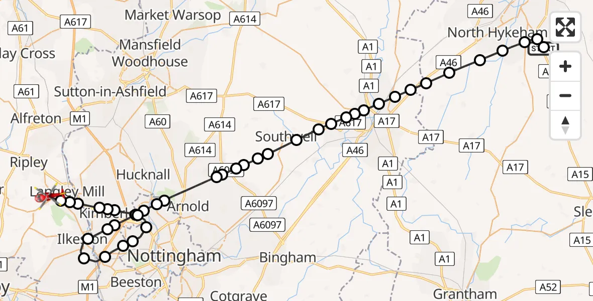 Flight route Air Ambulance Helicopter RAF Waddington - Heanor, 12 June 2026, 16:06