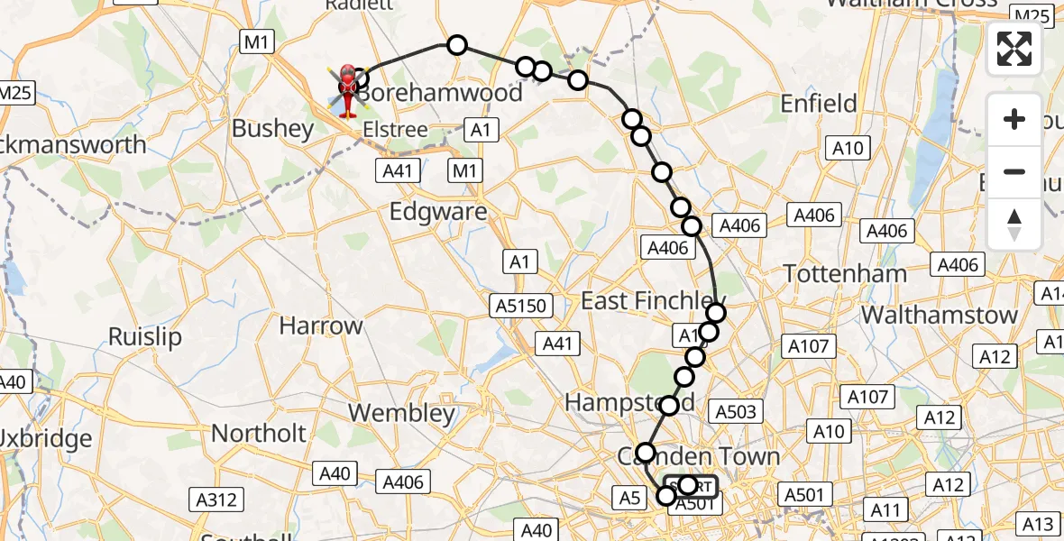 Flight route Air Ambulance Helicopter Fitzrovia - Elstree Airfield, 12 June 2026, 16:13