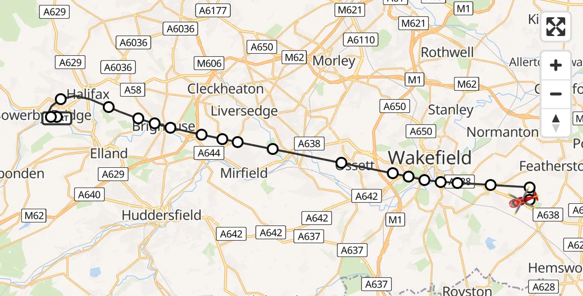 Flight route Air Ambulance Helicopter Norland - YAA Nostell Helicopter Port, 12 June 2026, 16:14