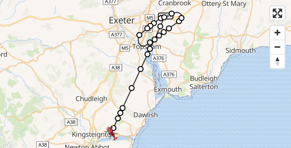 Flight route Air Ambulance Helicopter Exeter International Airport - Bishopsteignton, 12 June 2026, 16:29