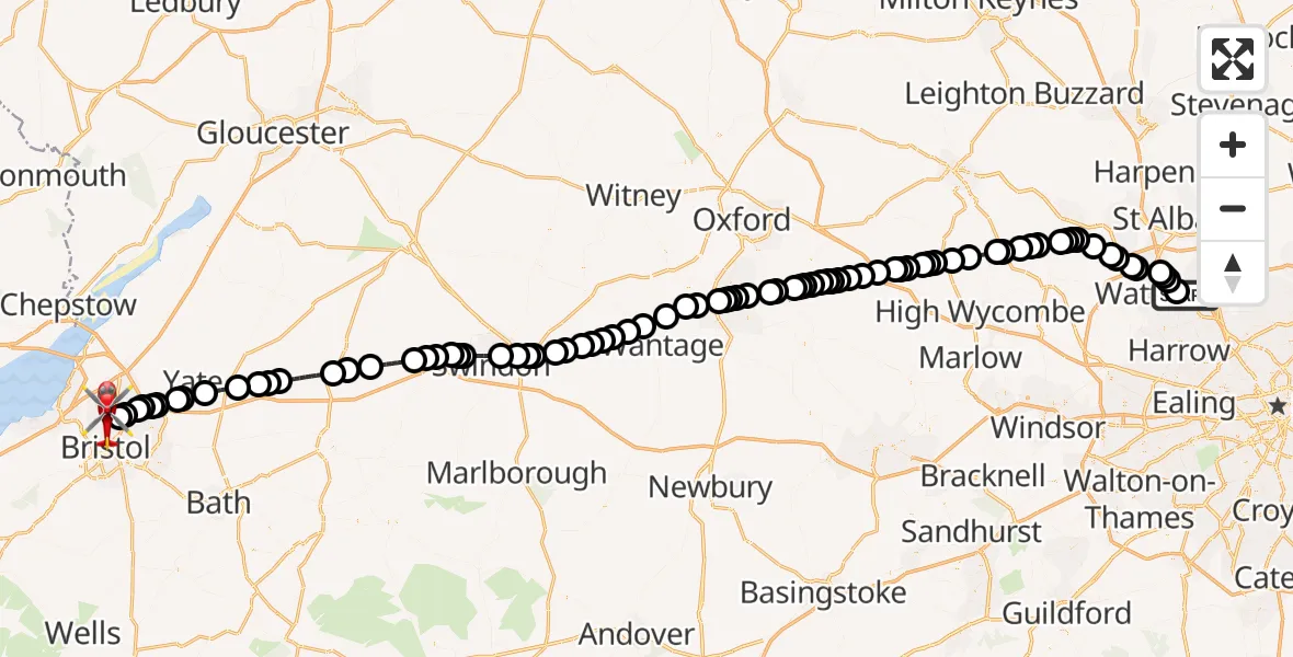 Flight route Air Ambulance Helicopter Elstree Airfield - Bristol, 12 June 2026, 16:31