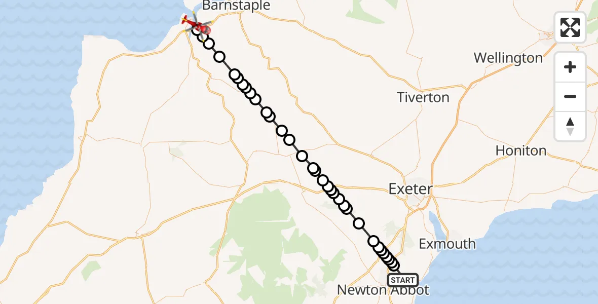 Flight route Air Ambulance Helicopter Bishopsteignton - Westleigh, 12 June 2026, 16:58