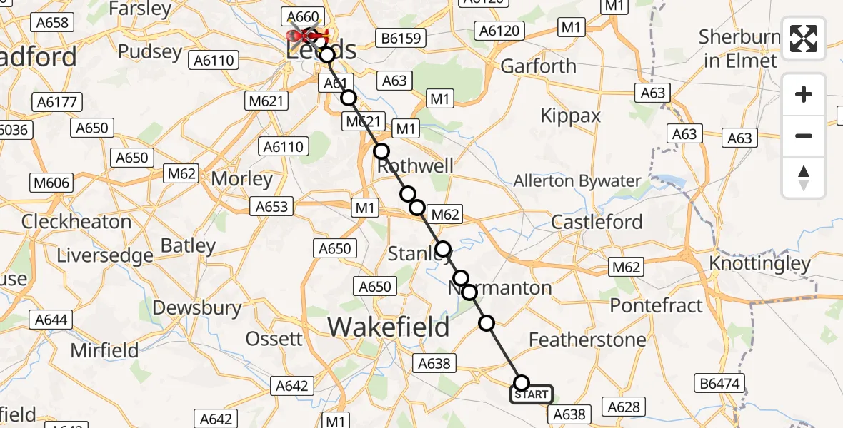 Flight route Air Ambulance Helicopter YAA Nostell Helicopter Port - Woodhouse, 12 June 2026, 17:01