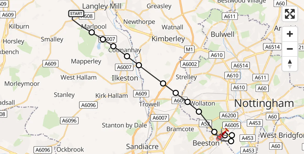 Flight route Air Ambulance Helicopter Heanor - Beeston, 12 June 2026, 17:05