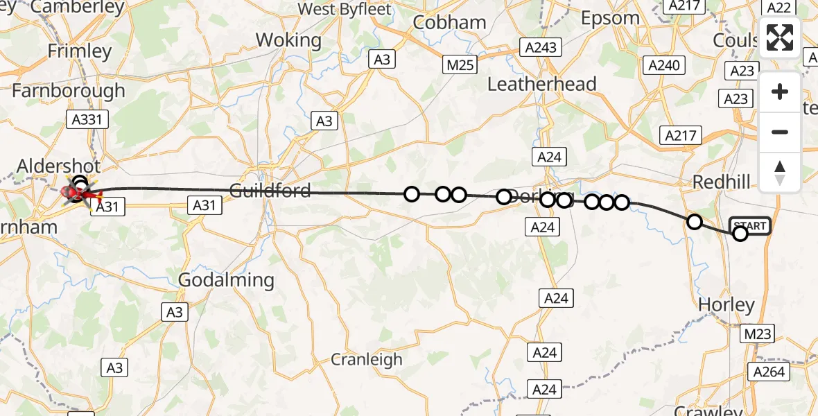 Flight route Air Ambulance Helicopter Redhill Aerodrome - Guildford, 12 June 2026, 17:05