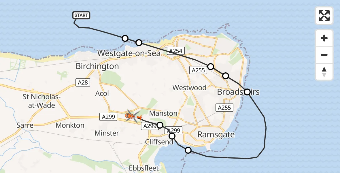 Flight route Coastguard Helicopter North Sea - Manston Airport, 12 June 2026, 17:07