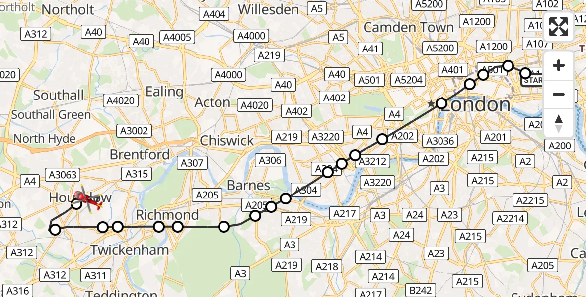 Flight route Air Ambulance Helicopter Royal London Hospital - Worton, 12 June 2026, 17:11