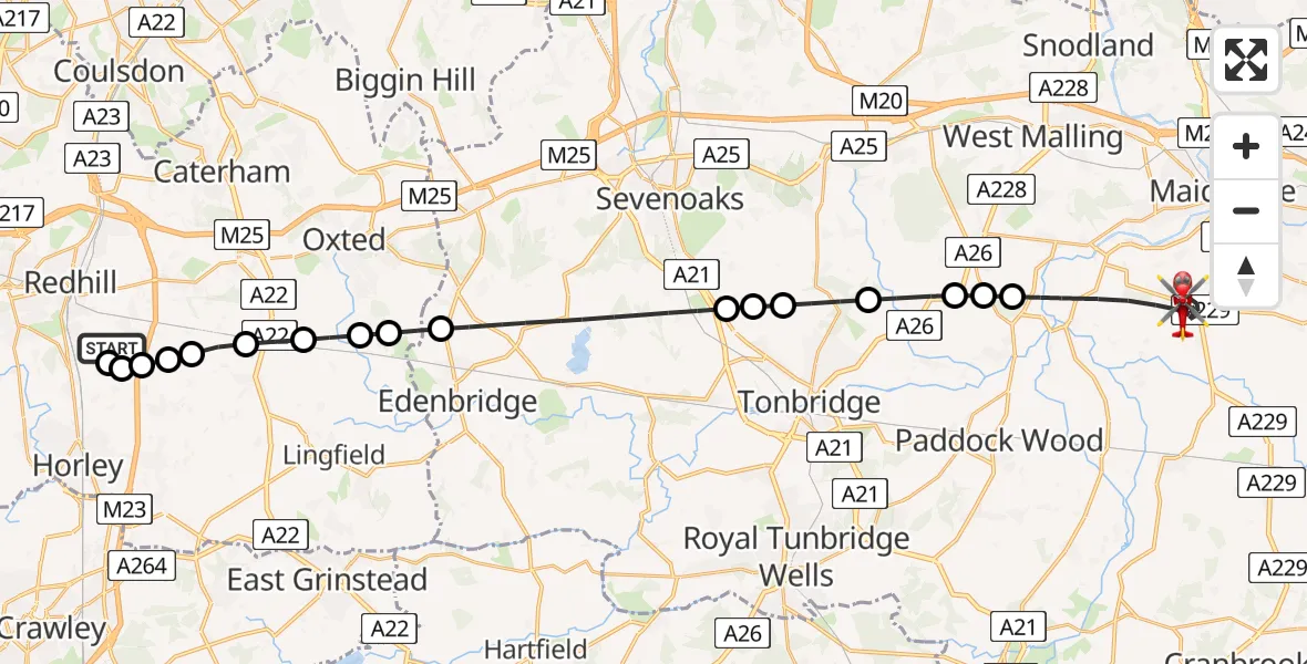 Flight route Air Ambulance Helicopter Redhill Aerodrome - Maidstone, 12 June 2026, 17:15