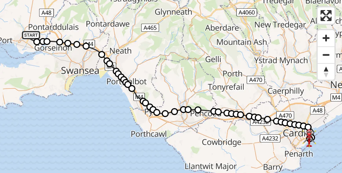 Flight route Air Ambulance Helicopter Dafen - Cardiff Heliport, 12 June 2026, 17:16