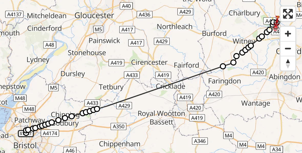 Flight route Air Ambulance Helicopter Southmead Hospital - London Oxford Airport, 12 June 2026, 17:48