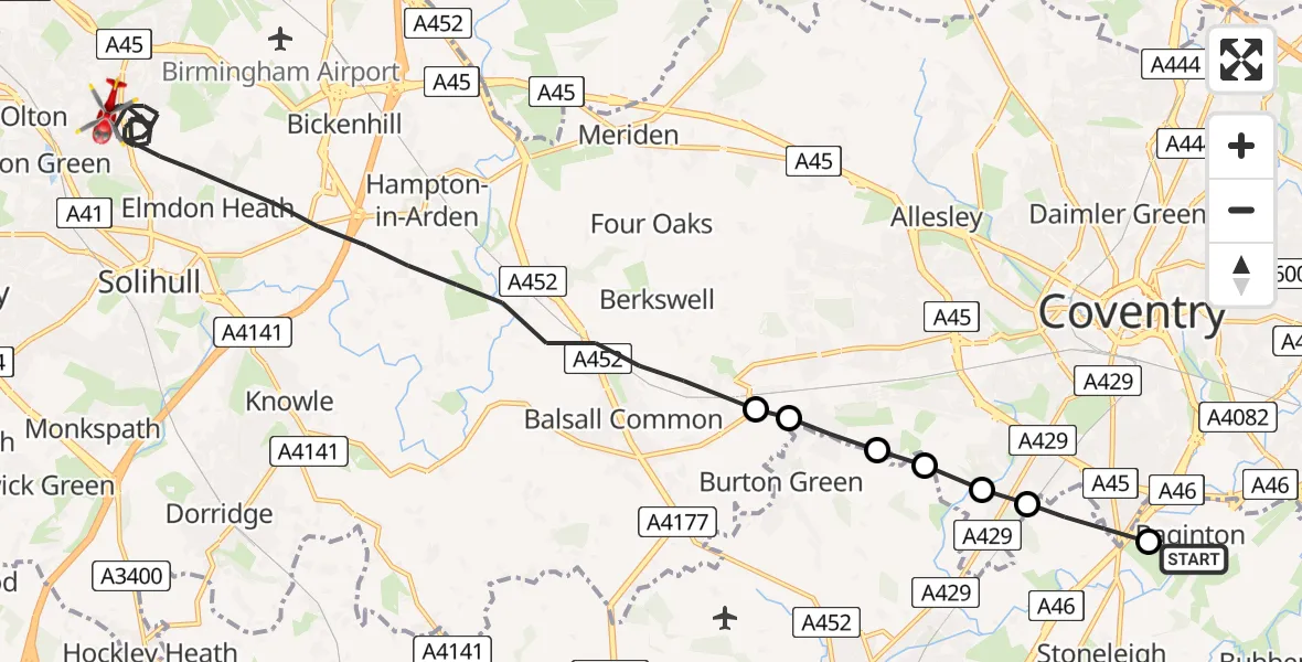 Flight route Air Ambulance Helicopter Coventry Airport - Solihull, 12 June 2026, 17:49