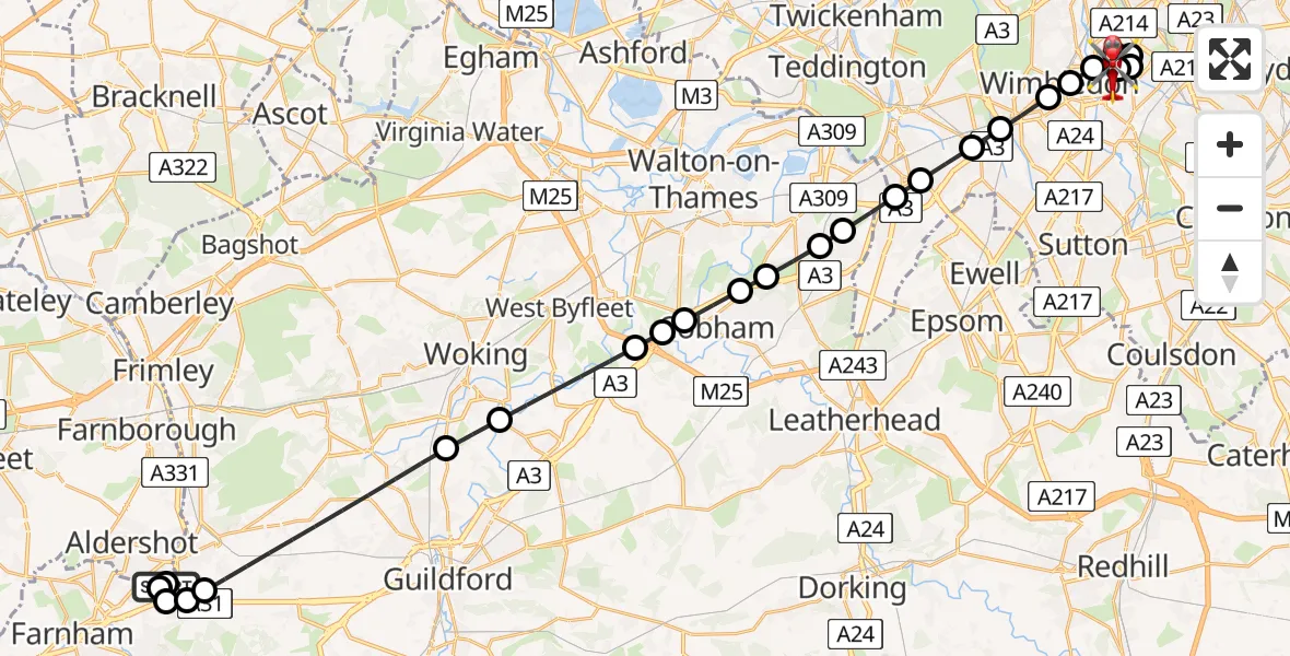 Flight route Air Ambulance Helicopter Aldershot - St Georges Hospital, 12 June 2026, 17:50