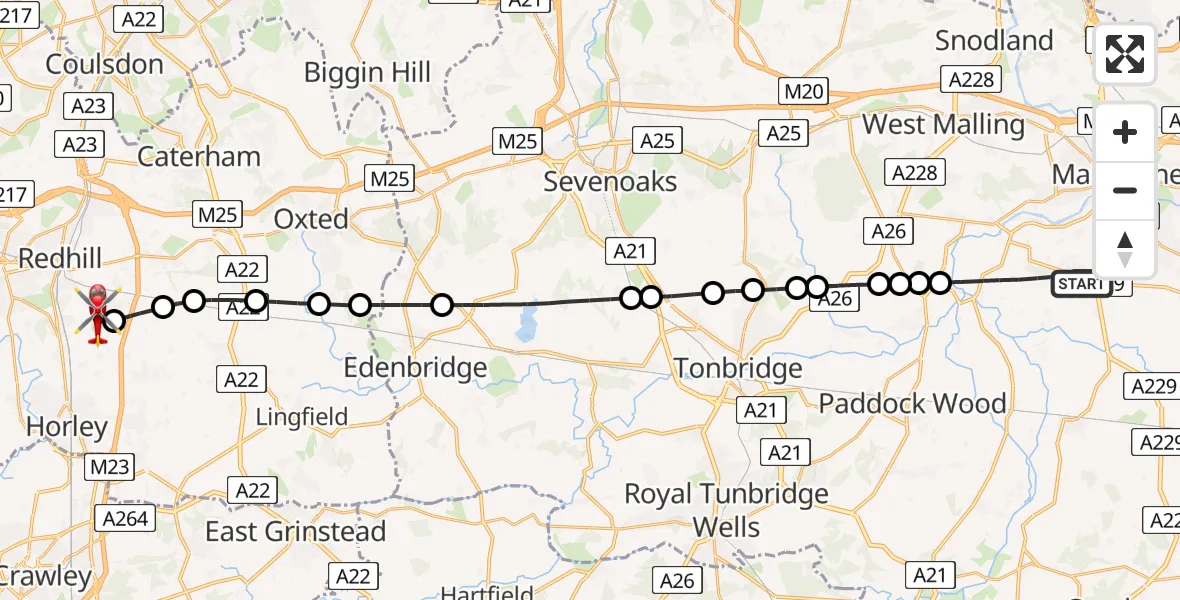 Flight route Air Ambulance Helicopter Maidstone - Redhill Aerodrome, 12 June 2026, 17:51