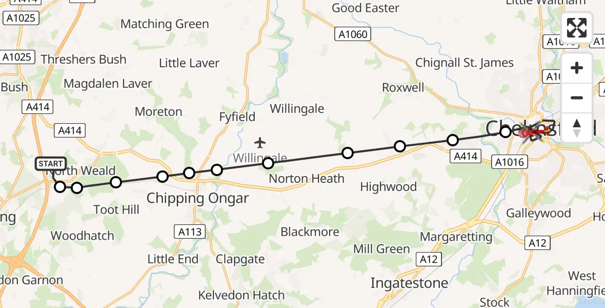 Flight route Air Ambulance Helicopter North Weald Airfield - Chelmsford, 12 June 2026, 18:00