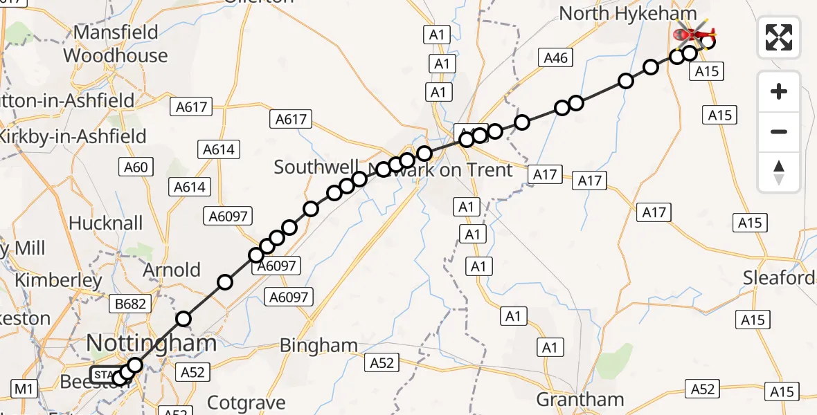 Flight route Air Ambulance Helicopter Beeston - North Kesteven, 12 June 2026, 18:03