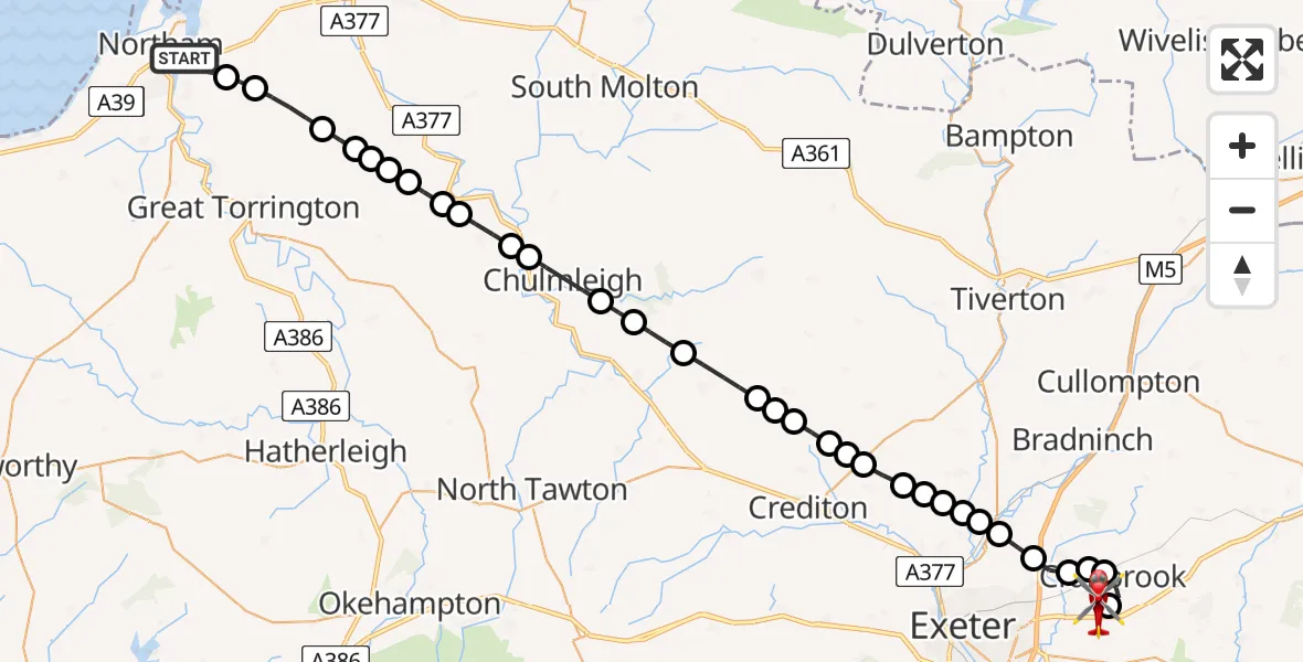 Flight route Air Ambulance Helicopter Westleigh - Exeter International Airport, 12 June 2026, 18:08