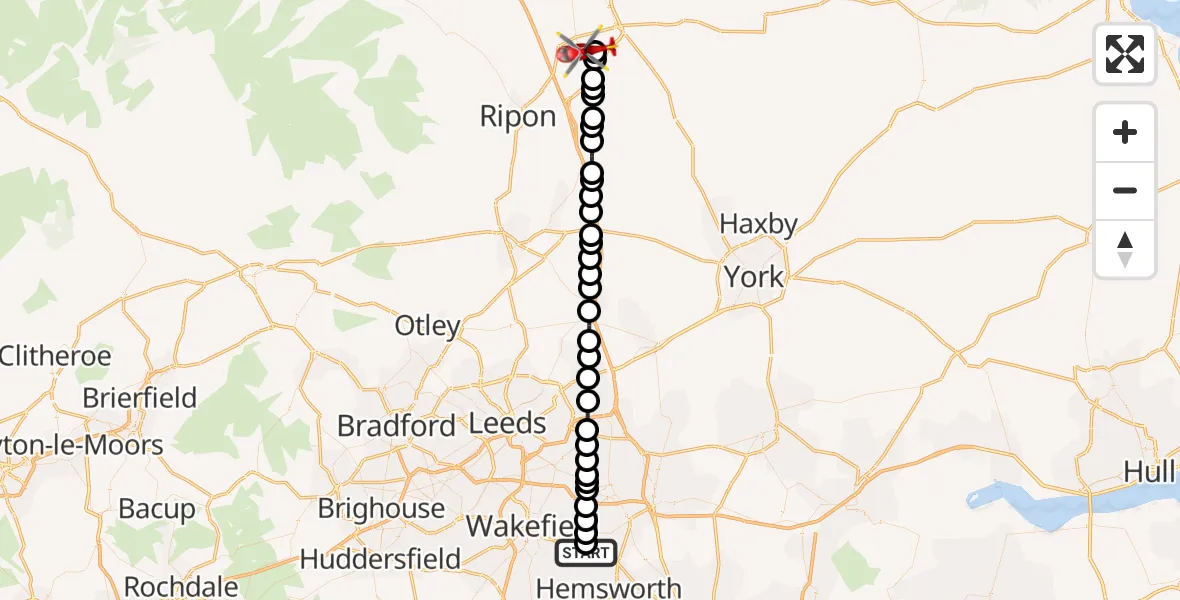 Flight route Air Ambulance Helicopter YAA Nostell Helicopter Port - RAF Topcliffe, 12 June 2026, 18:25