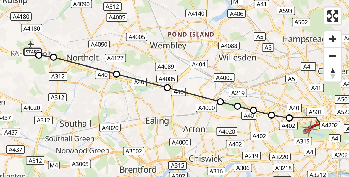 Flight route Air Ambulance Helicopter RAF Northolt - City of Westminster, 12 June 2026, 18:28