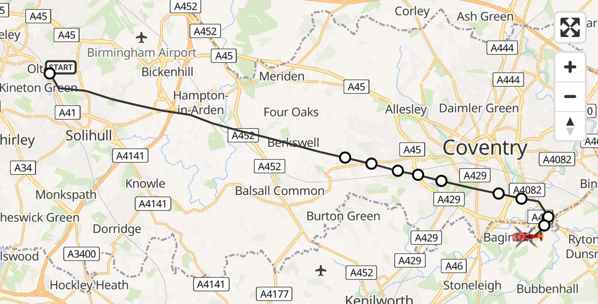 Flight route Air Ambulance Helicopter Solihull - Coventry Airport, 12 June 2026, 18:39