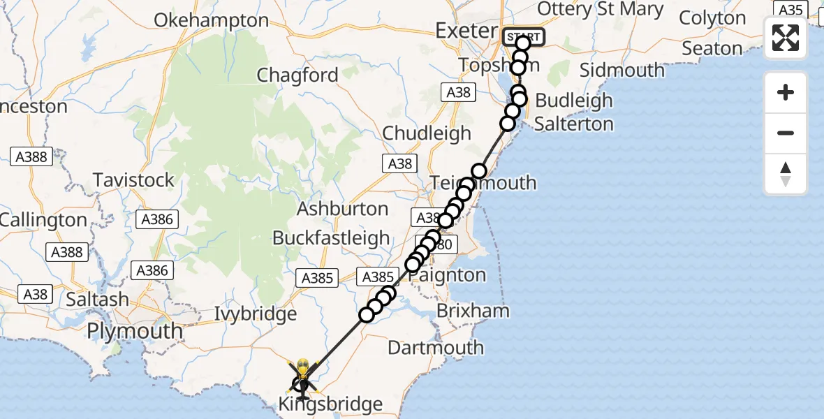 Flight route Police Helicopter Clyst Honiton - Aveton Gifford, 12 June 2026, 18:40