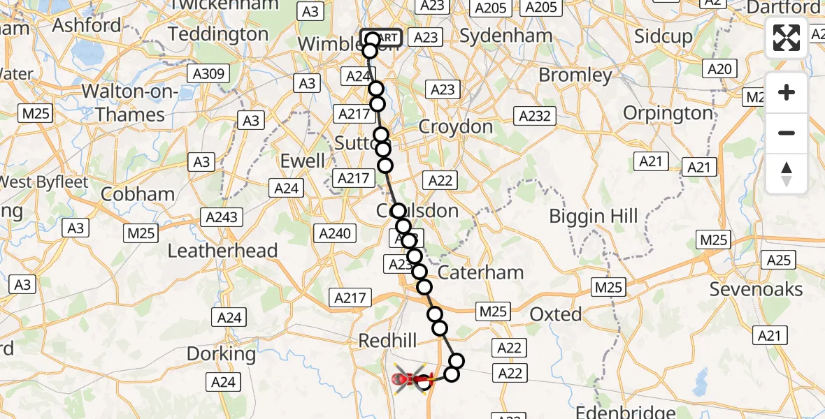 Flight route Air Ambulance Helicopter St Georges Hospital - Redhill Aerodrome, 12 June 2026, 18:43