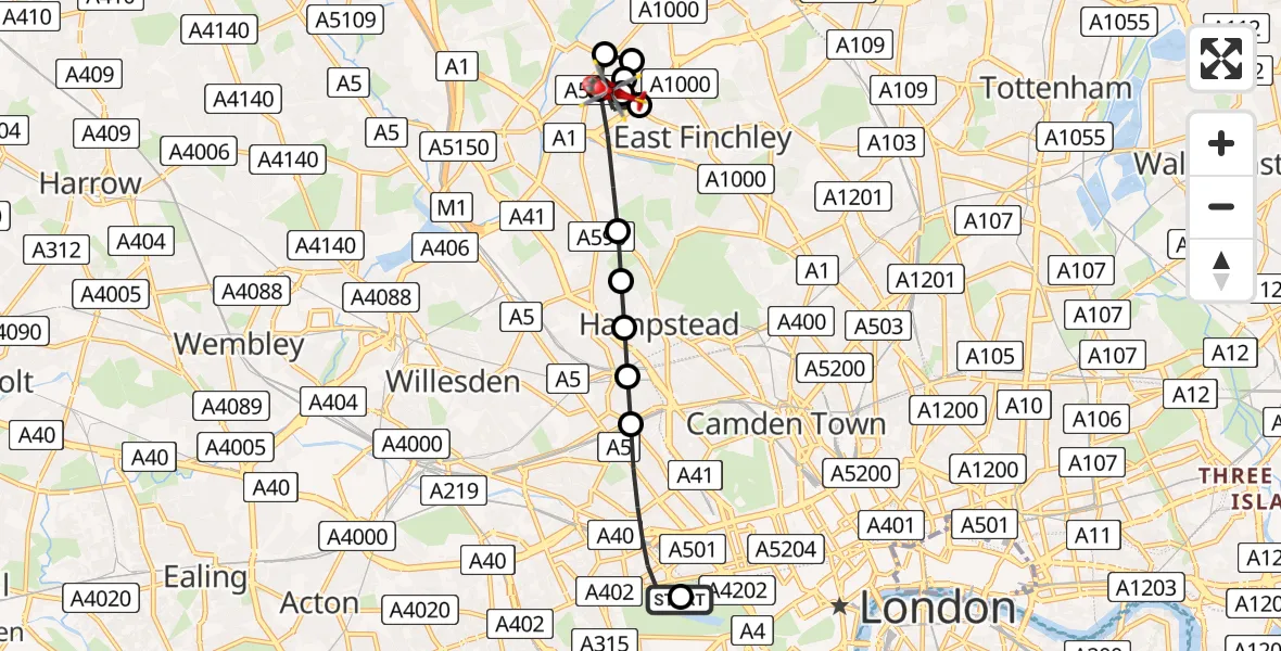 Flight route Air Ambulance Helicopter City of Westminster - Hampstead Garden Suburb, 12 June 2026, 18:44