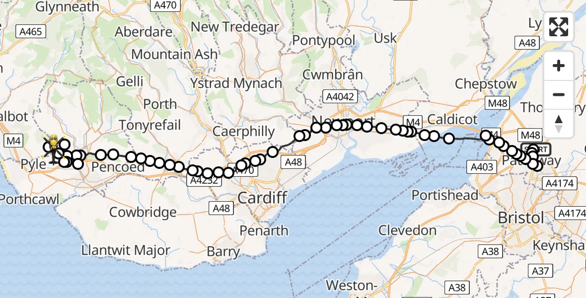 Flight route Police Helicopter Almondsbury Helicopter Base - Llangynwyd Lower, 12 June 2026, 18:47