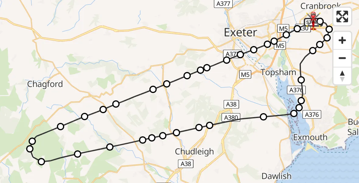 Flight route Air Ambulance Helicopter Exeter International Airport - Exeter International Airport, 12 June 2026, 18:48