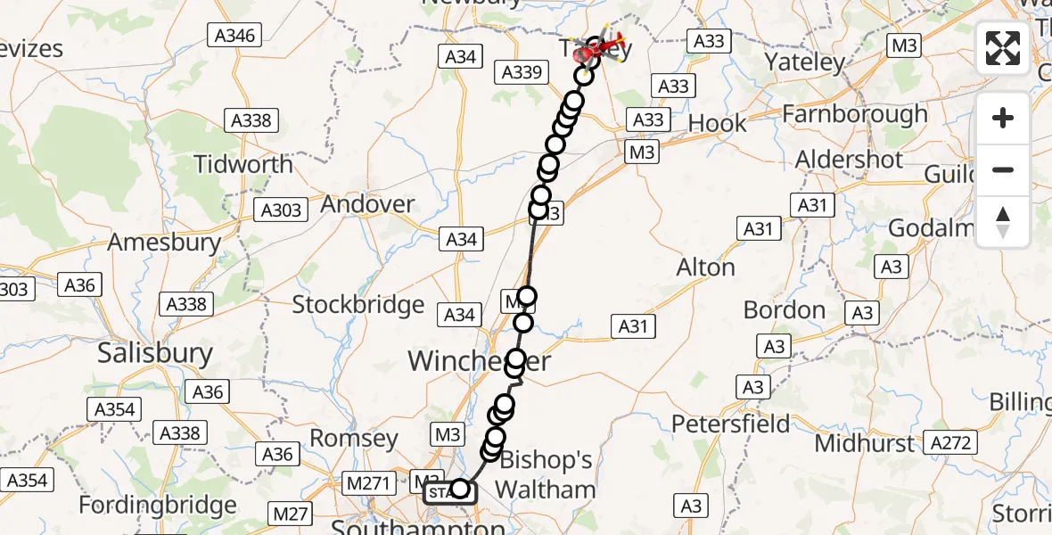 Flight route Air Ambulance Helicopter Southampton Airport - Tadley, 12 June 2026, 19:07