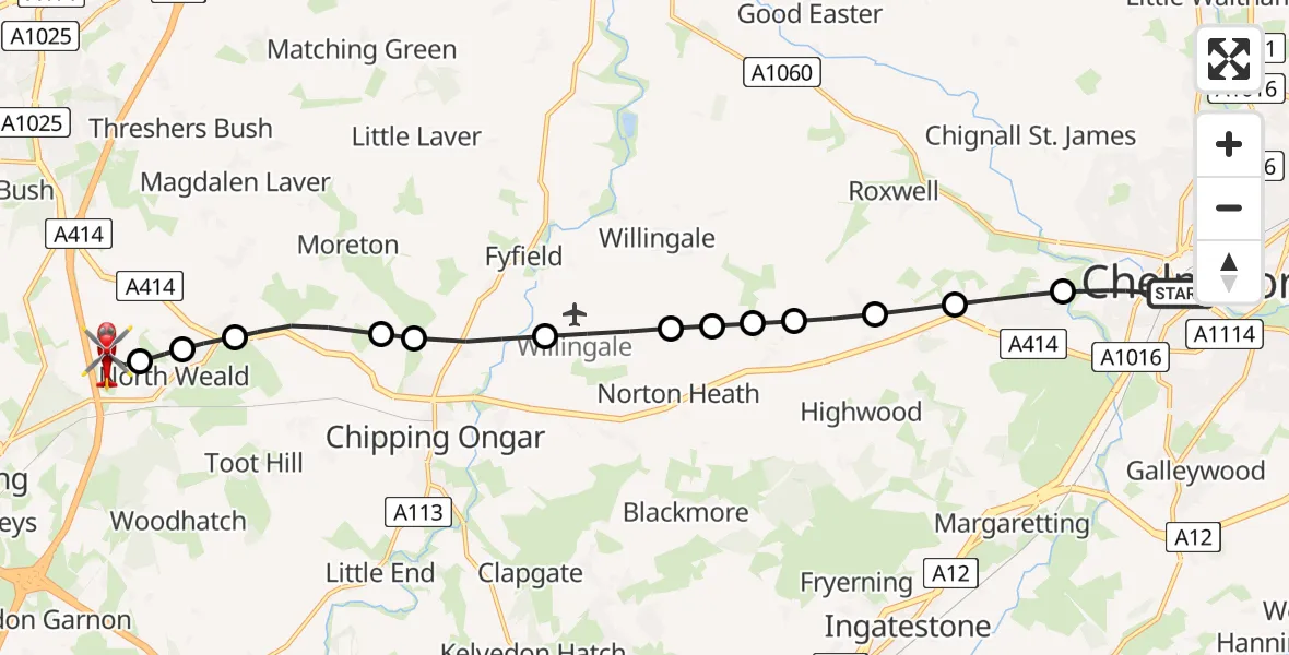 Flight route Air Ambulance Helicopter Chelmsford - North Weald Airfield, 12 June 2026, 19:14