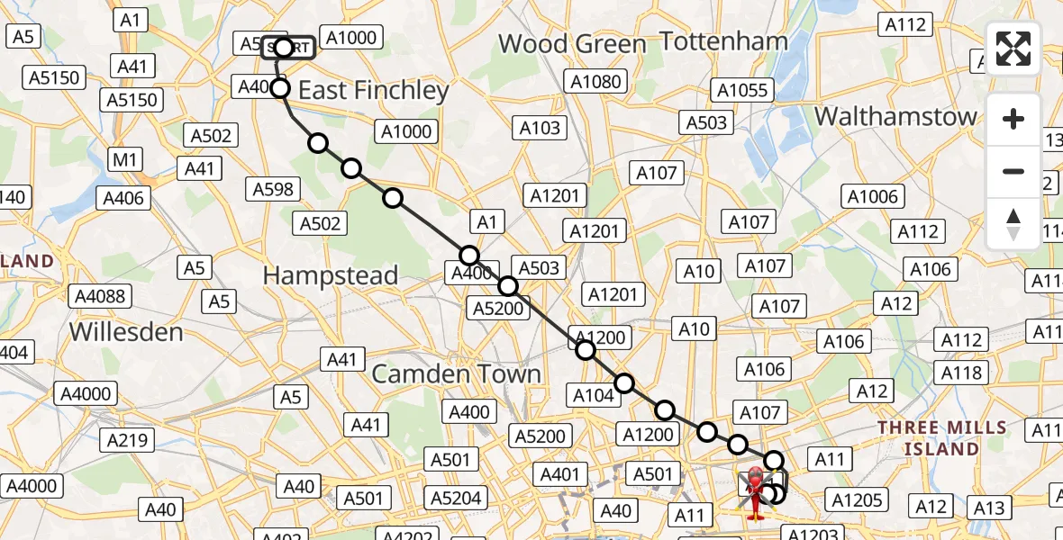 Flight route Air Ambulance Helicopter Church End - Royal London Hospital, 12 June 2026, 19:18