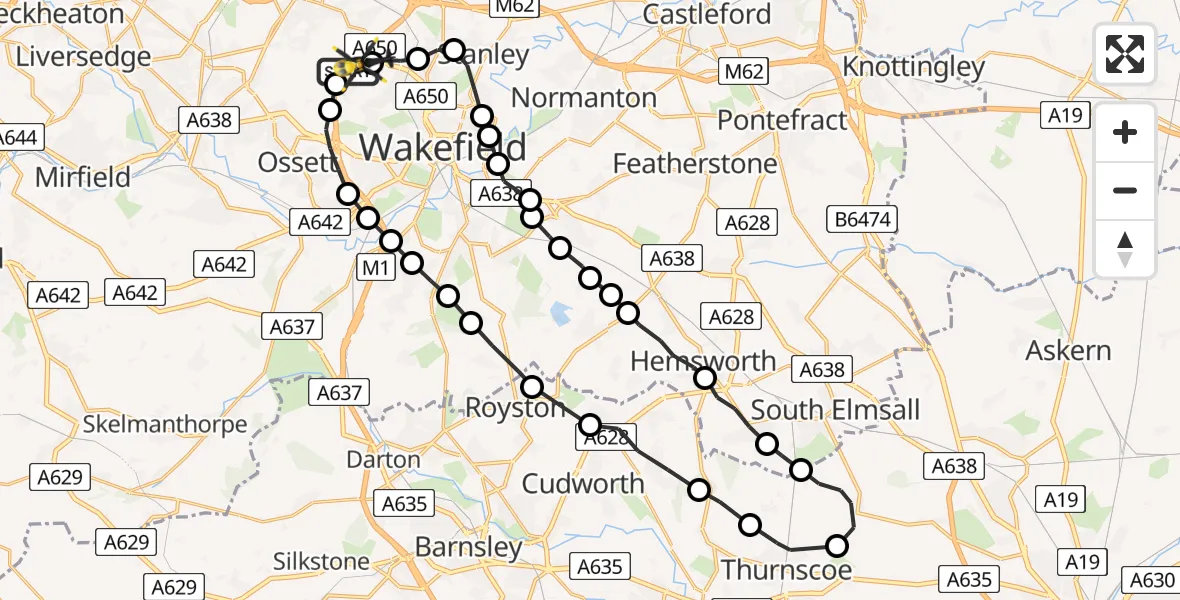 Flight route Police Helicopter East Ardsley - East Ardsley, 12 June 2026, 19:20