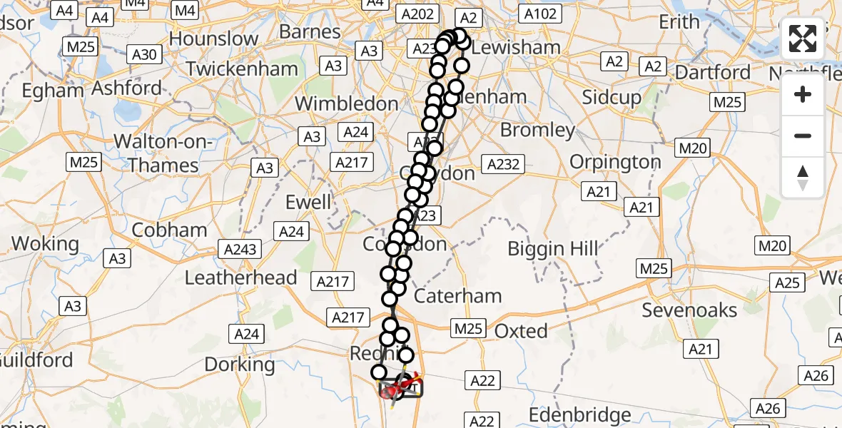 Flight route Air Ambulance Helicopter Redhill Aerodrome - Redhill Aerodrome, 12 June 2026, 19:22