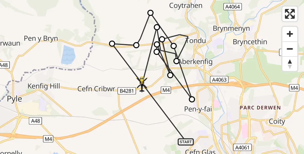 Flight route Police Helicopter Bryntirion - Cefn Cribwr, 12 June 2026, 19:21