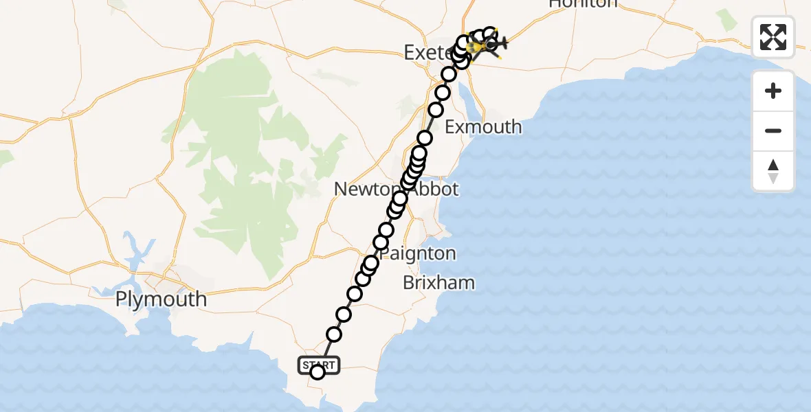Flight route Police Helicopter Kingsbridge - Exeter International Airport, 12 June 2026, 19:22