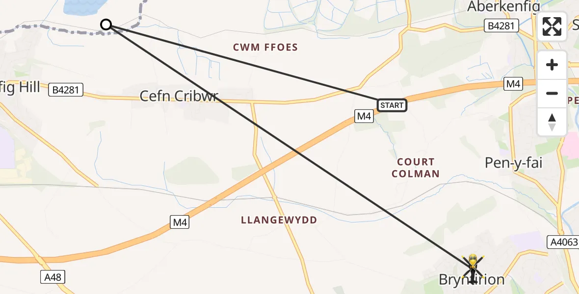 Flight route Police Helicopter Aberkenfig - Bryntirion, 12 June 2026, 19:29