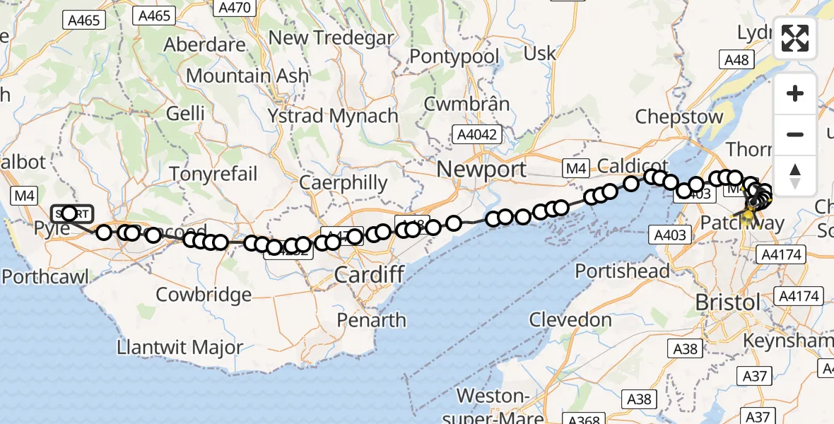 Flight route Police Helicopter Pen y Bryn - Almondsbury Helicopter Base, 12 June 2026, 19:35